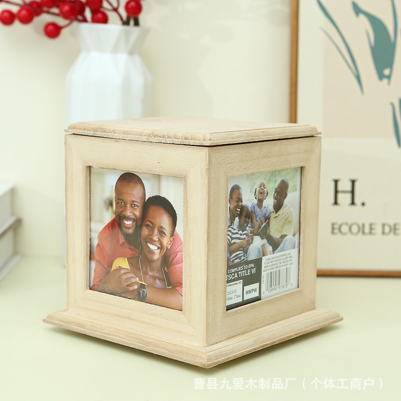 Pine Square Wooden Cube Photo Frame Rotatable Photo Frame Box Modern Simple Narrow Edge Wooden Wooden Photo Frame