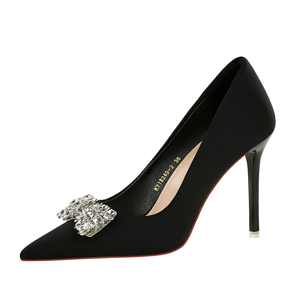18249-K51 Banquet High Heels Thin Heels Ultra High Heels Shallow Mouth Pointed Silk Water Diamond Bow Single Shoes