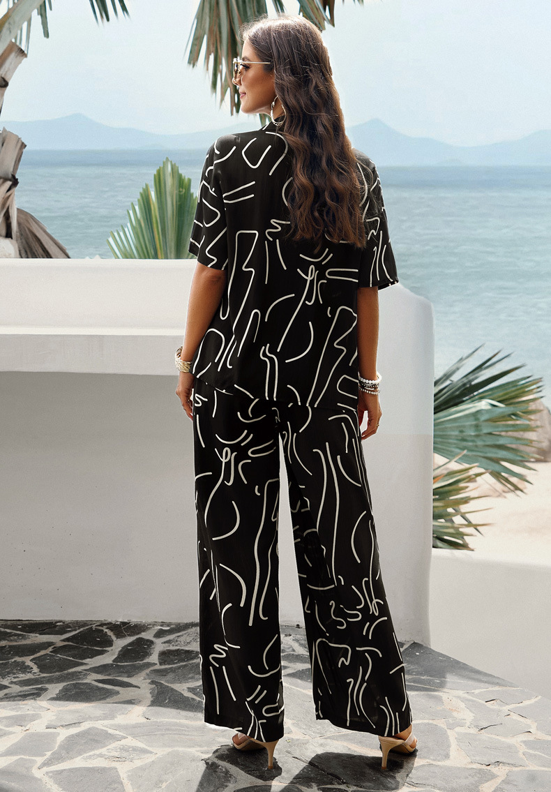 315g Weight Half Sleeve Sleeve Length Spandex Fabric Type Pant Co-ord Set Sets Type 2 Pieces Set Quantity Daily, Beach Occasion Turndown Neckline Slim Fit Type Printing, Geometric Pattern Summer Season Women's Gender Vacation Style Daily Beach Women's Vacation Printing Geometric Spandex Pant Co-ord Set Pants Sets 19