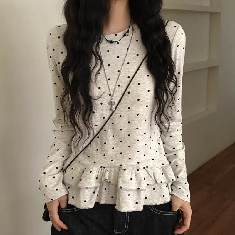 2025 New Playful Polka Dot Round Neck Ruffled Long-Sleeved T-Shirt Women's Ballet Style Casual Versatile Loose Top