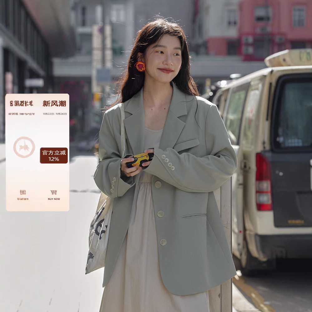 Casual Blazer for Women, Autumn, Petite, Korean Style, Unique Design, Loose, Lazy Style, Gray Suit