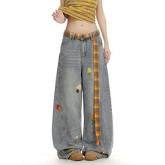 跨境贸易2025年美式卡通毛巾绣弯刀牛仔裤女秋季新款宽松阔腿镰刀