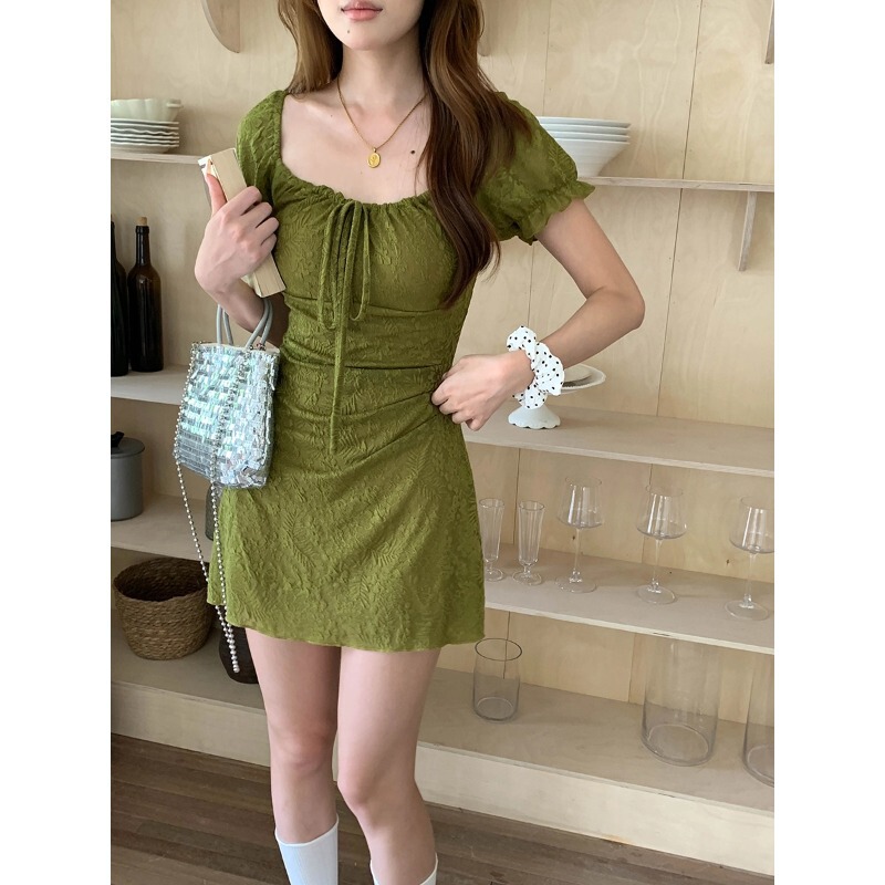 3Th Morning Green Grape Sweet Tea Jacquard Texture Square Neck Slim Fit Dress Zy4206