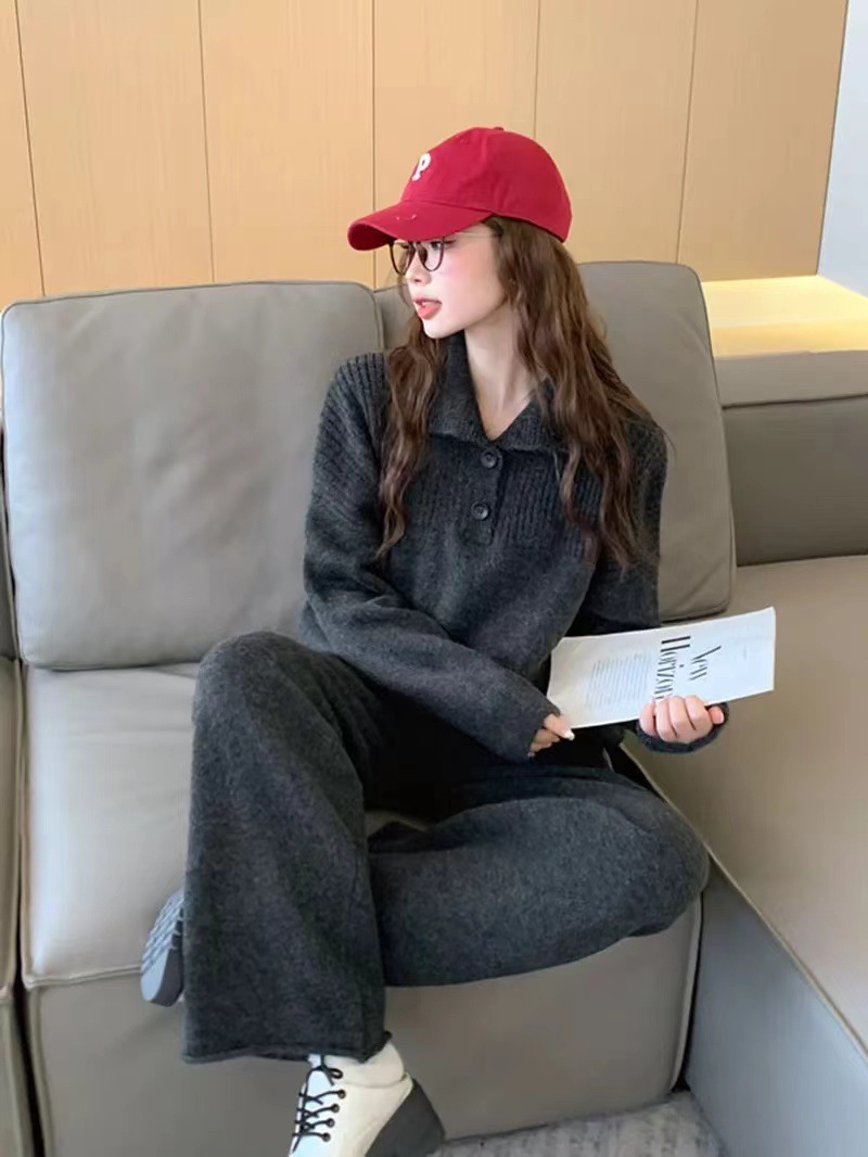 Herbst und Winter neuer Anzug lässiger Pullover Polokragen Strickpullover weite Beinhose zweiteiliges Set für Damen_voghion.com