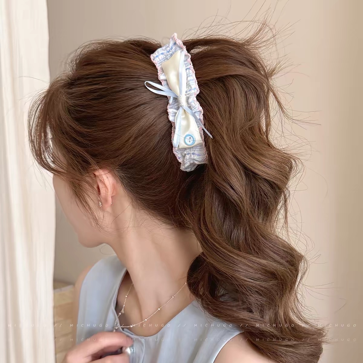 80# blue and white striped button ribbon bow twist clip - 13cm
