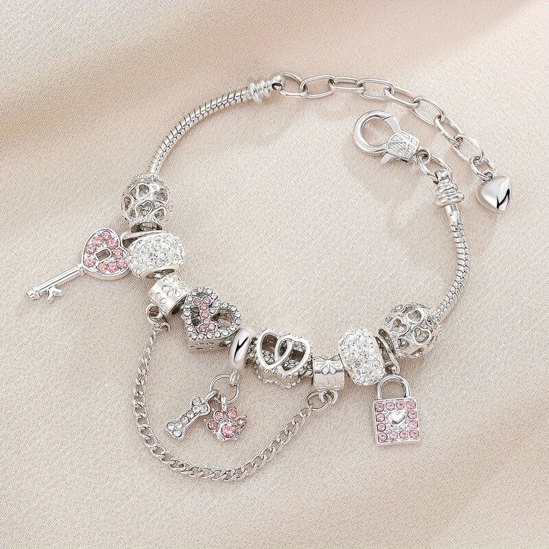 Fashion Colorful Rhinestone Charm Bracelet with Hollow Heart Print Pattern Heart-Shaped Lock Pendant Women's DIY Snake Chain Light Luxury Fashion Colorful Rhinestone Charm Bracelet with Hollow Heart Print Pattern Heart-Shaped Lock Pendant Women's DIY Snake Chain Light Luxury