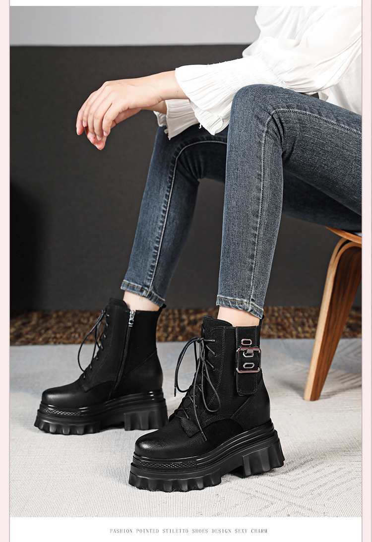Boot nữ cổ thấp phong cách Anh quốc cổ điển, khóa kéo bên hông, đế dày 10 cm tăng chiều cao — Lót nhung đen chi tiết 7