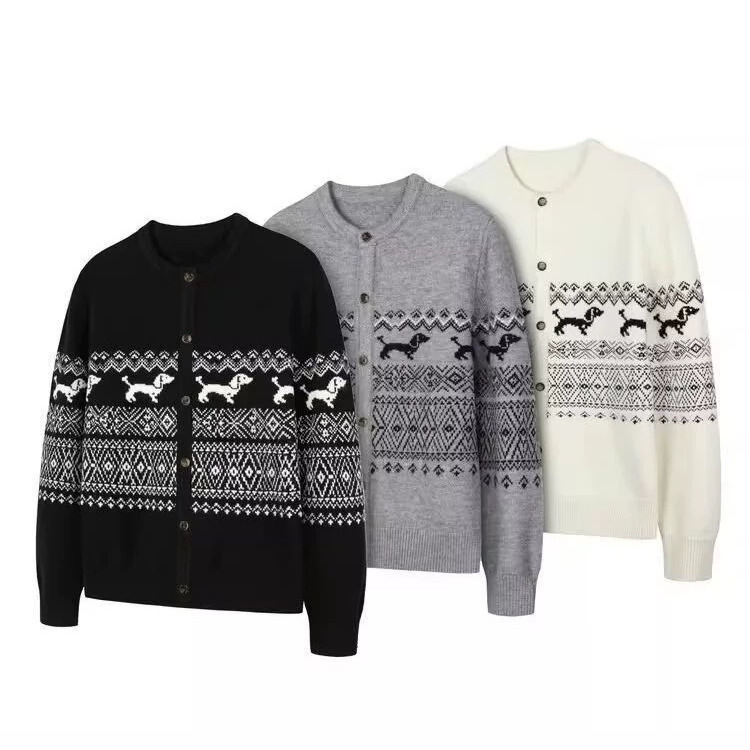 American-style Dachshund Fair Isle Henry Collar Knit Cardigan Sweater, New Autumn/Winter Casual Long Sleeve Top for Men and Women