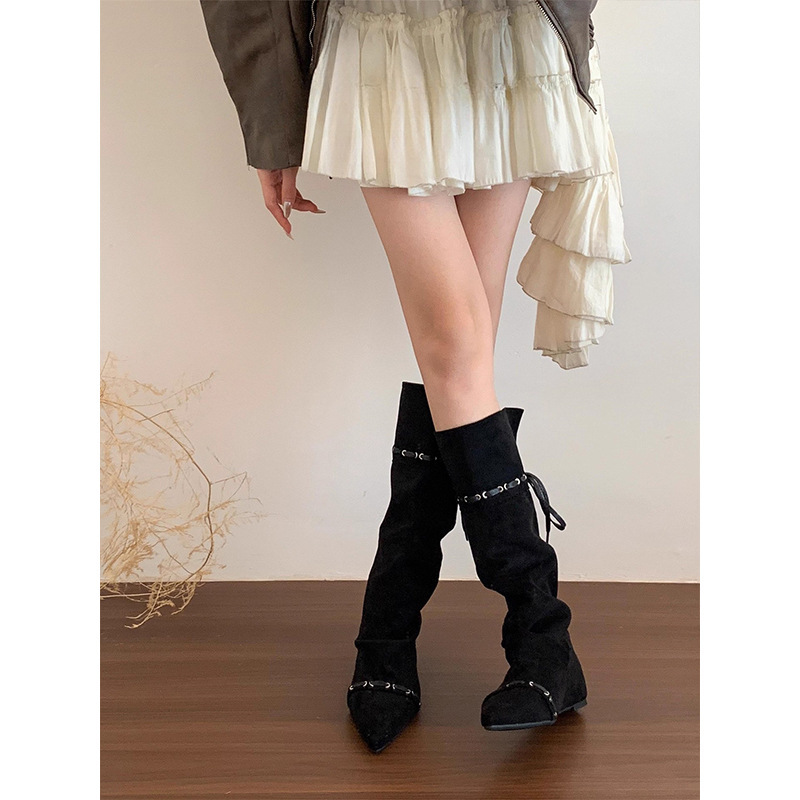 美拉德复古尖头褶皱堆堆靴女2025新款时髦洋气系带显瘦西部牛仔靴|undefined