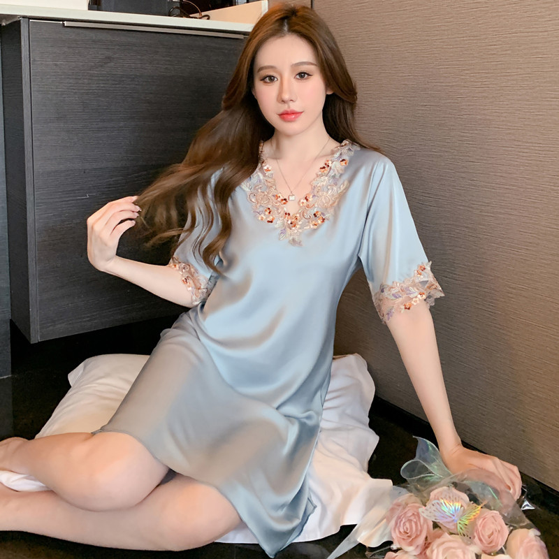 五彩花邊冰絲睡衣女批發一件代發夏薄款絲綢睡裙高級感家居服