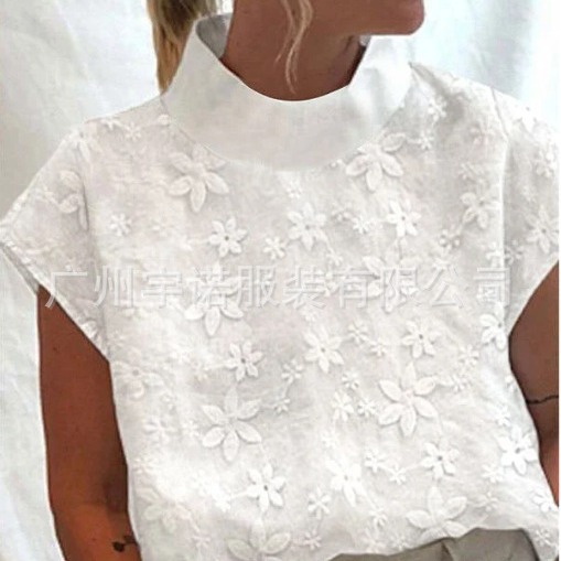 Amazon deseo AliExpress 2023 nuevo europeo y americano de las mujeres Jersey bordado de algodón y lino cuello alto elegante camisa