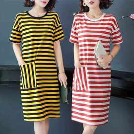 大码网红长款T恤女2022夏季宽松过膝盖T恤裙长款条纹泫雅风打底裙
