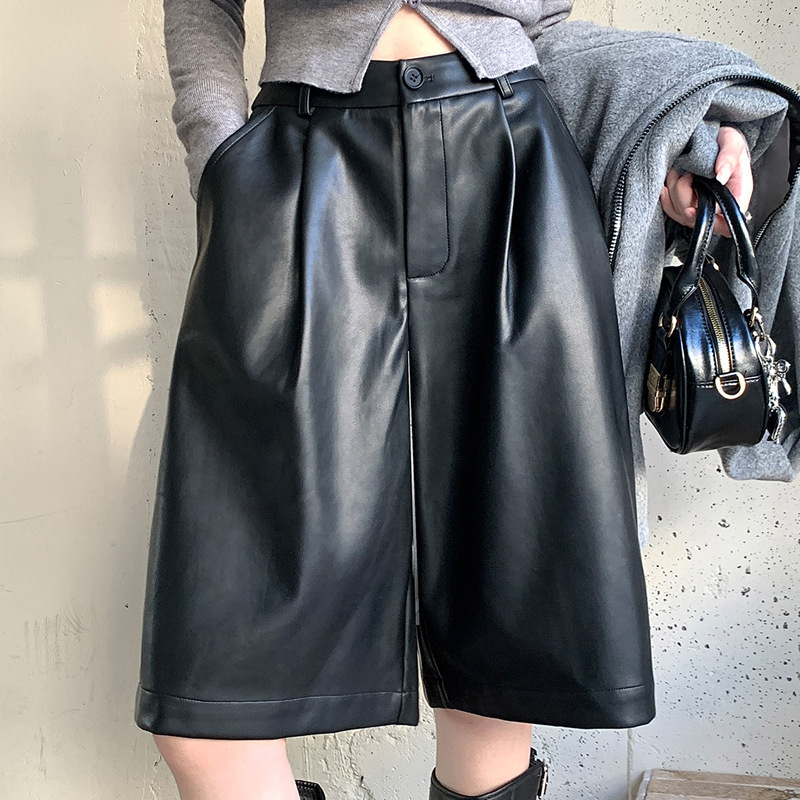 高品PU皮短裤靴裤女秋冬高腰宽松休闲显瘦A字五六分小个子阔腿裤|undefined