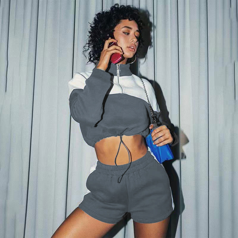 Pantaloncini casual da donna con coulisse a contrasto, felpa da donna, abito a due pezzi in quattro pezzi_voghion.com