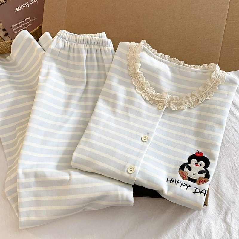 Spring and autumn women's new cotton pajamas, long-sleeved with small collar, long-sleeved pants, casual cute penguin home wear set Spring and autumn women's new cotton pajamas, long-sleeved with small collar, long-sleeved pants, casual cute penguin home wear set