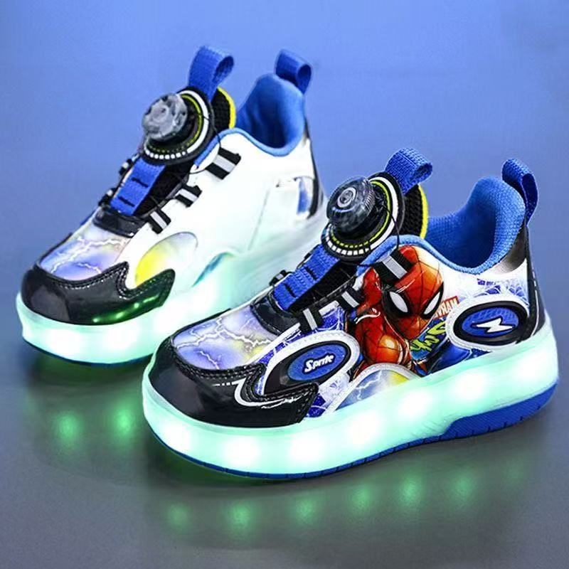Four-Wheel USB Rechargeable Light-Up Roller Shoes for Boys, Superhero Roller Skates, Beginner Model
