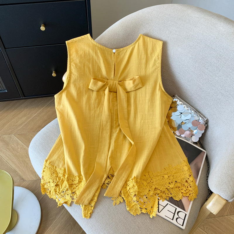 New in Stock Summer New Age-Reducing Bow Lace Splicing Sleeveless Shirt Women's Slim and Versatile Waistcoat Top