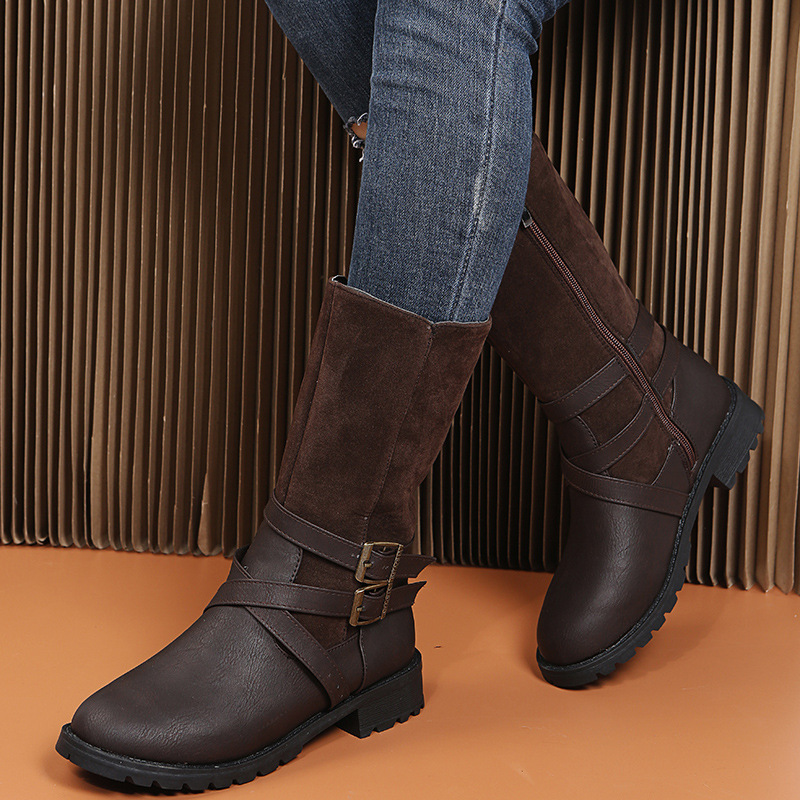 Damenschuhe, Martin-Stiefel mit mittlerer Röhre, Gürtelschnalle, runder Kopf, niedriger Absatz, Ritterstiefel mit seitlichem Reißverschluss, Lederstiefel_voghion.com