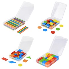 Wooden counting tools for math in grades 1 and 2, featuring geometric shape models—circular discs and square counting rods—as educational teaching aids.