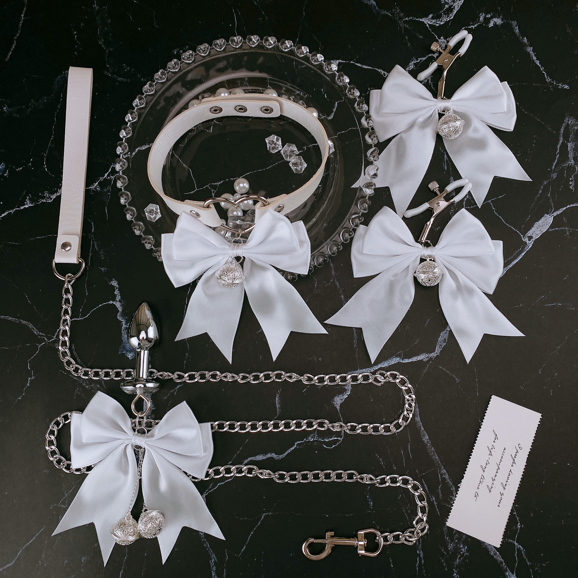 White bow bell nipple clamp metal anal plug to stimulate nipple and breast clamp big bow white traction collar