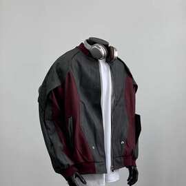 跨境美式拼接撞色PU皮棒球服夹克男春秋街头潮牌宽松休闲情侣皮衣