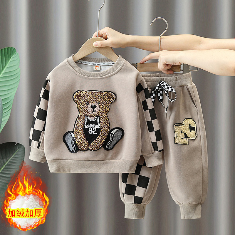 3992 Traje de primavera y otoño para niños, estilo occidental 2025, nuevo niño, otoño, rojo, suéter de oso, traje de dos piezas para niños