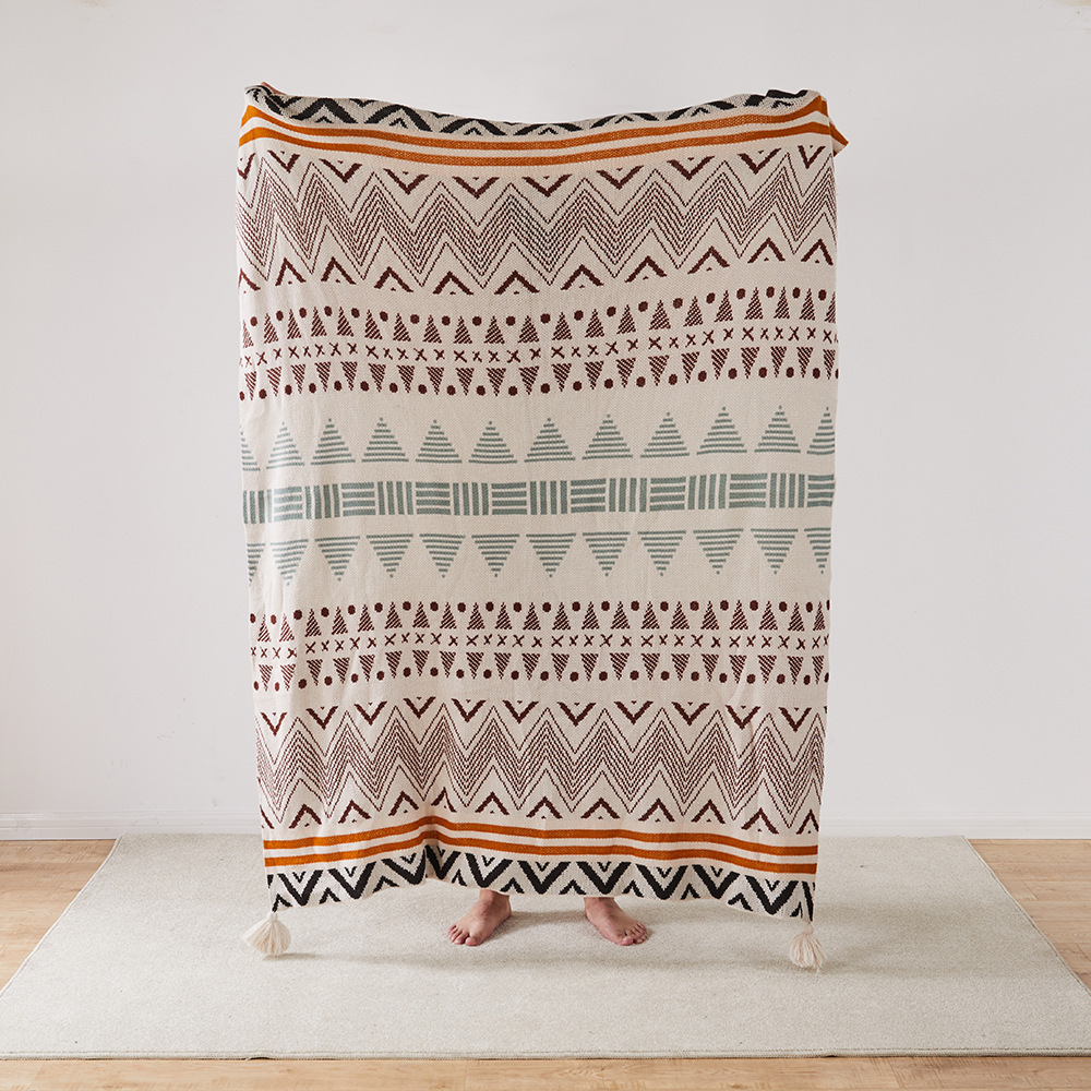 Bohemian sofa cover wool knitted ethnic style wave air conditioning blanket, tassel nap blanket_voghion.com