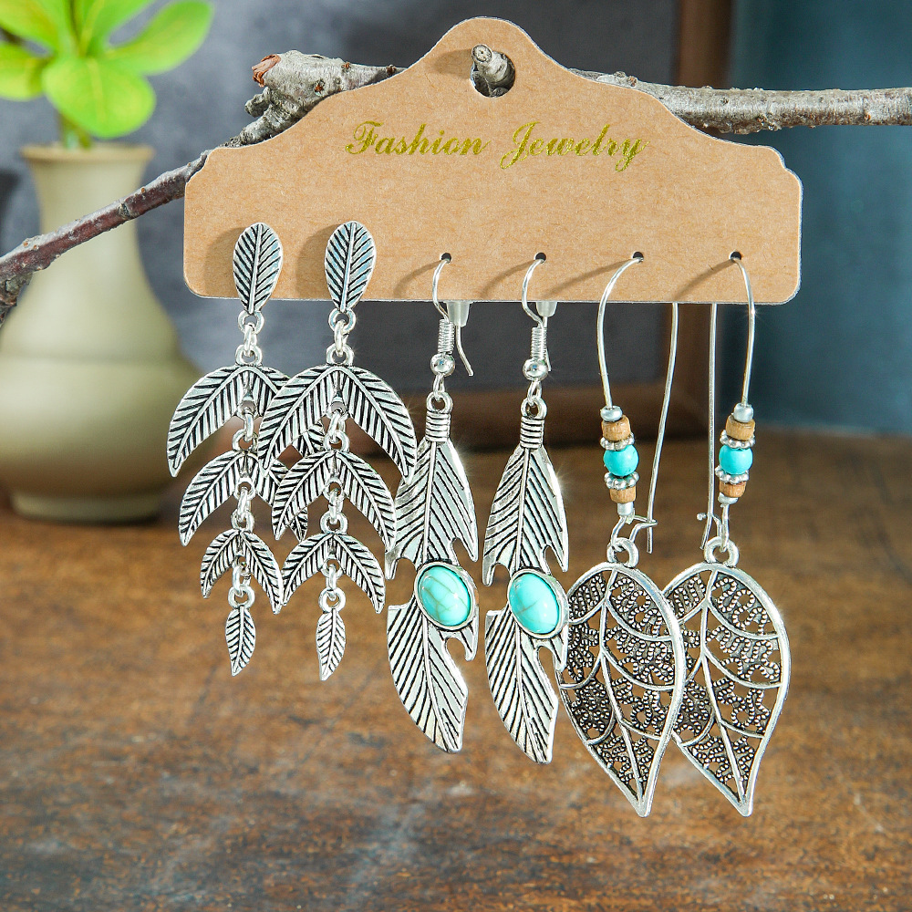 Vintage Earrings Set Combination Women's Ethnic Earrings Round Metal Tassel Earrings Cross-border Hand-woven Accessories