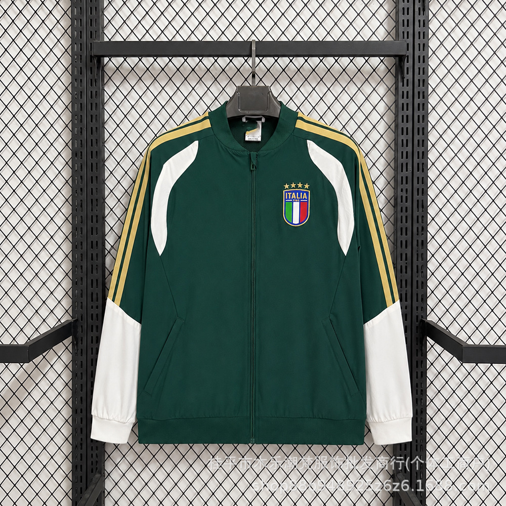 Italian team casual culture zip-up jacket for men, dark green football windbreaker, men's training warm-up and pre-game wear