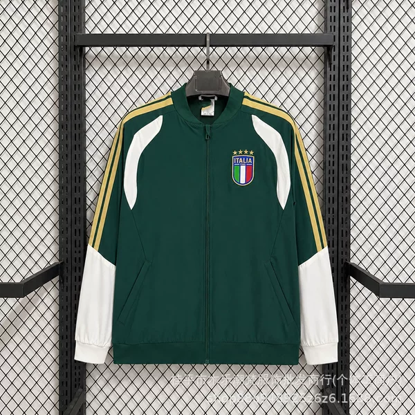 Italian team casual culture zip-up jacket for men, dark green football windbreaker, men's training warm-up and pre-game wear