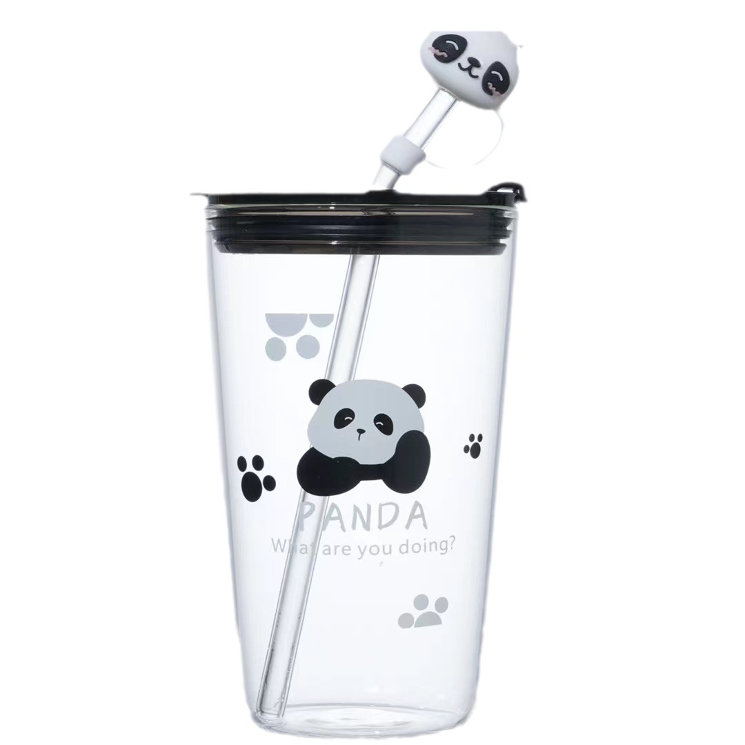 Creativo de dibujos animados Panda vidrio taza de paja lindo hogar beber taza de alta apariencia de regalo beber taza de gran capacidad