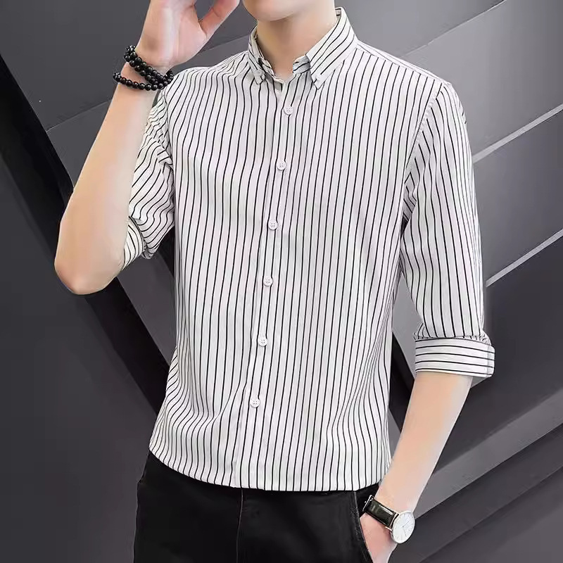 Striped Shirt Men's Shirt 2024 Spring and Summer Seven-point Sleeve Korean Style Slim-fit Top Youth Fashion Men's Fashion