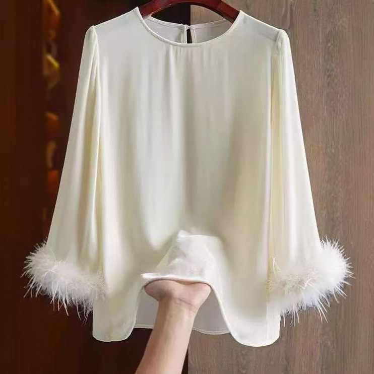 High-grade Sense French Silk Velvet Top New Fashion Cuff Ostrich Hair Long Sleeve Shirt Top Women