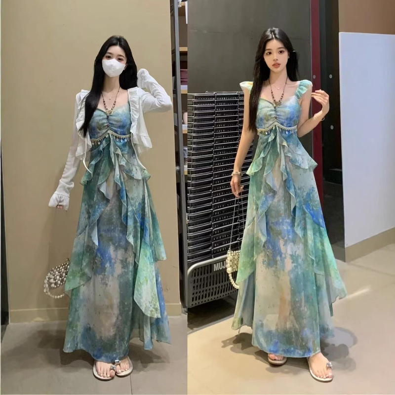 Floating in the Forest Summer Vacation Suspender Dress Women's Summer Printed Chiffon Slimming Look Dress