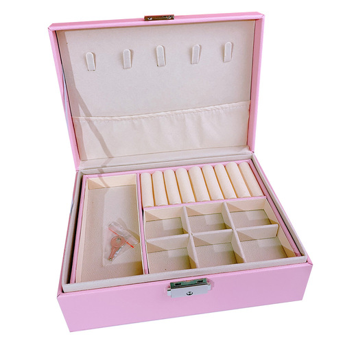 Lockable Double-Layer Large Capacity Leather Jewelry Box for Rings, Necklaces, Earrings, and Studs