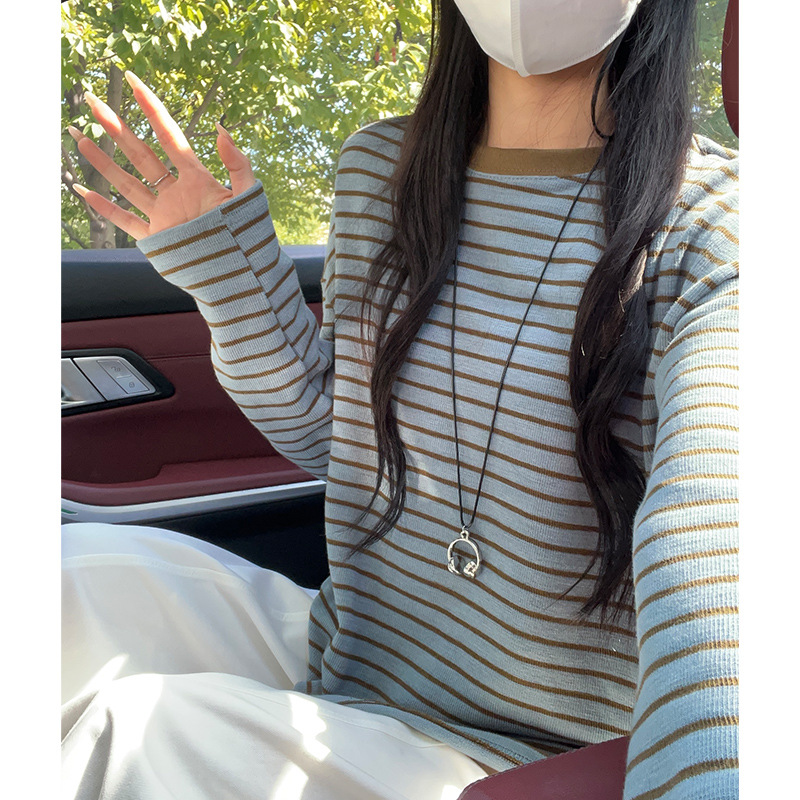 K2398定制撞色条纹长袖T恤女秋季慵懒宽松显瘦上衣针织圆领打底衫