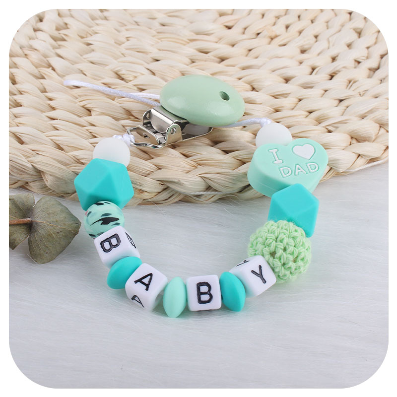 Bebé dibujos animados amor dos lados mamá papá silicona mordedor personalizable bebé nombre pezón cadena anti-caída