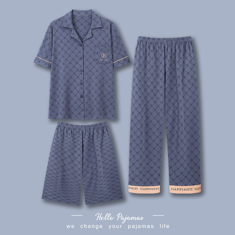 Pijamas de tres piezas para hombre verano 100% algodón pantalones de manga corta traje Delgado verano dibujos animados más tamaño homewear