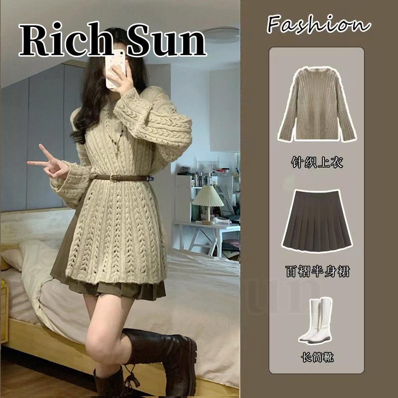 (2개) 가을 인터넷 빨간 소금 스타일 작은 착용 긴팔 중공 스웨터 주름 스커트 서양식 연령 감소 투피스 세트