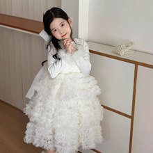 25秋冬女童珠片毛毛背心连衣裙儿童蓬蓬网纱蛋糕裙气质生日礼服裙