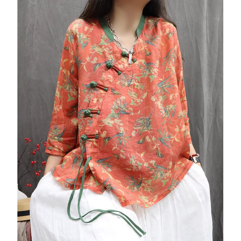 Vintage Print Button-Down Shirt for Women, New Summer Style, Loose Fit, Slimming, New Chinese Style, Casual Plus Size Artistic Jacket Top for Women Vintage Print Button-Down Shirt for Women, New Summer Style, Loose Fit, Slimming, New Chinese Style, Casual Plus Size Artistic Jacket Top for Women