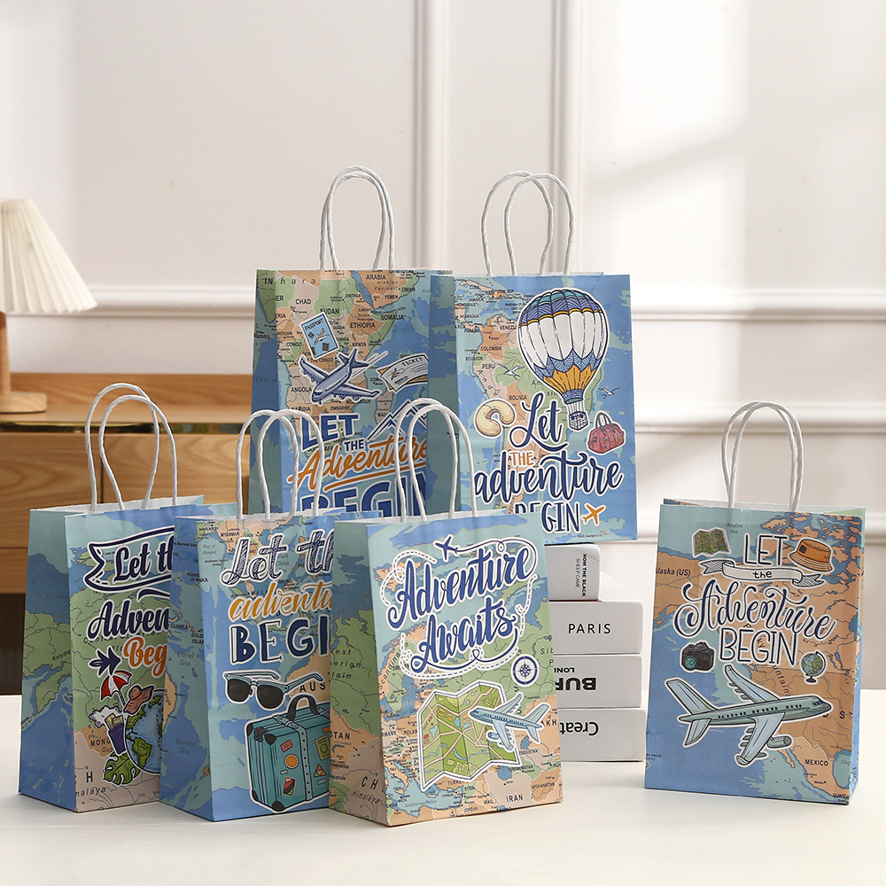 旅行主题礼品包装袋牛皮纸袋地图派对礼物包装袋度假旅行手提袋