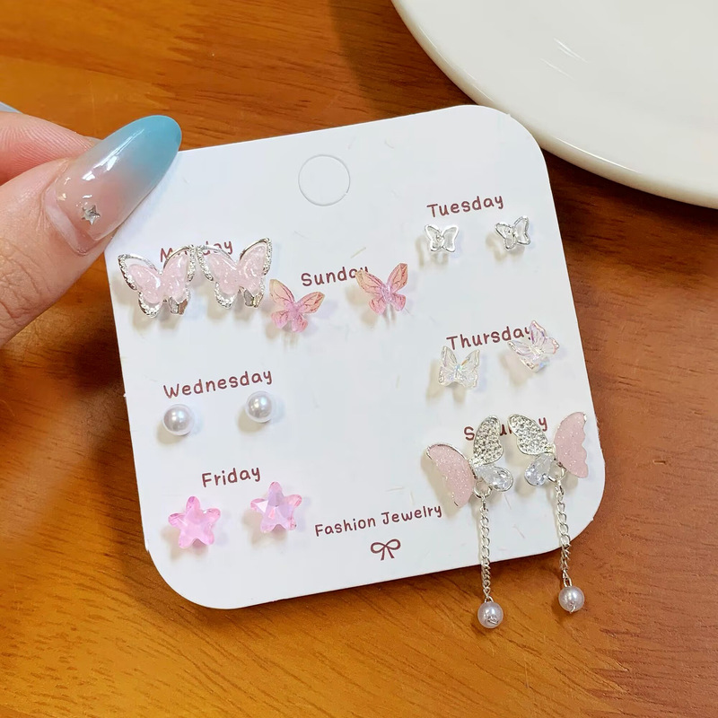 夏の蝶のイヤリングセット 女性用 多用途で繊細なジルコン ガーリーなピンクのイヤリング 花のイヤリング 卸売|undefined