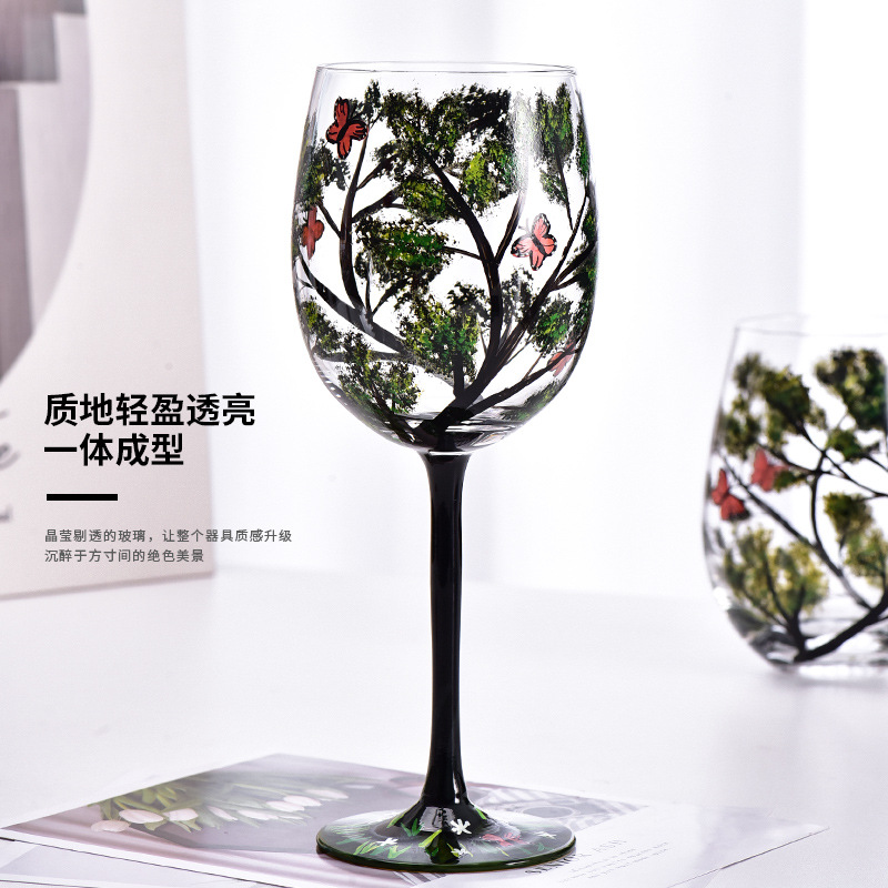 Copa de cristal de vidrio de flor pintada a mano Four Seasons copa de vino tinto taza de huevo fresco traje de copa de vino tinto