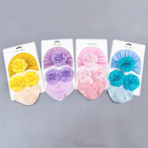 Autumn and winter baby fetal cap red chiffon flower hat cute boneless socks set baby fontanel protection Indian hat New Year