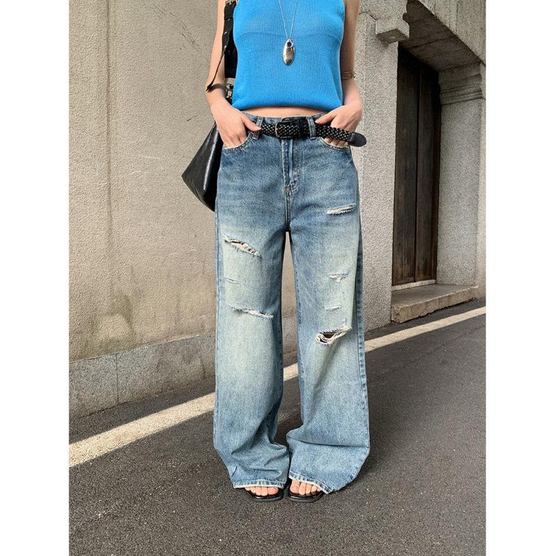 Yuyi's New Summer American Retro Ripped Denim Wide-Leg Pants for Women, Casual Versatile Long Pants for Women Hc1200 Yuyi's New Summer American Retro Ripped Denim Wide-Leg Pants for Women, Casual Versatile Long Pants for Women Hc1200