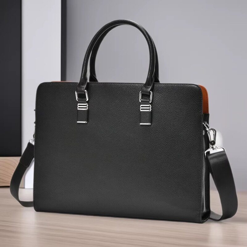 Túi xách nam da bò thật dạng cặp tài liệu công sở đựng laptop 14 inch, túi đeo vai tiện dụng — màu đen
