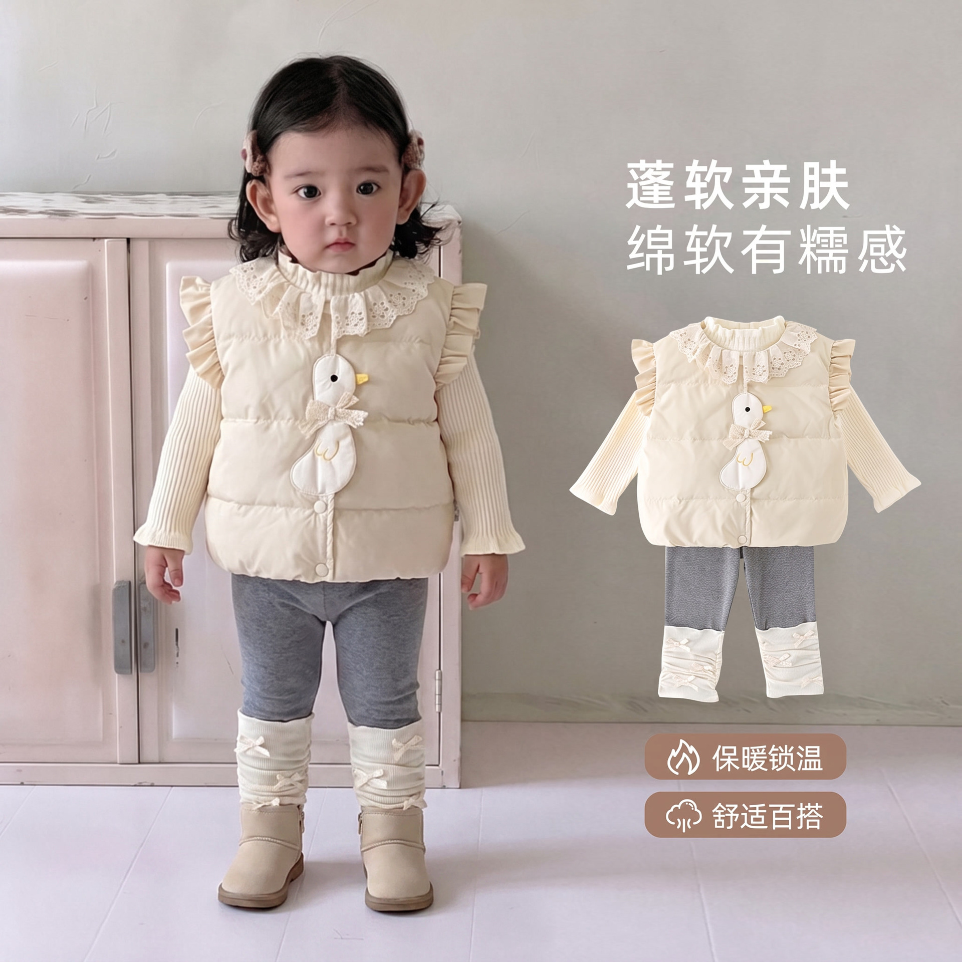 Infant down vest for autumn and winter 2026 new model, white duck down clothing for baby girls, warm vest for girls to wear outside