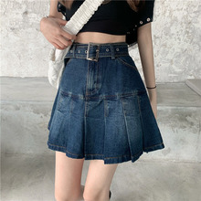 百褶牛仔短裙女夏装港味复古大码胖妹妹高腰显瘦百搭a字半身裙子