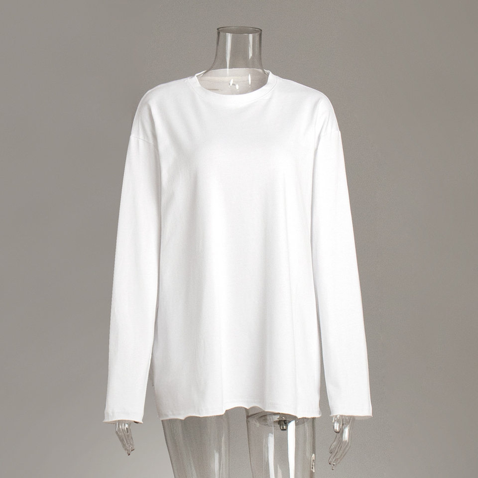 Áo thun nữ cotton 100% cổ tròn tay dài form rộng màu trơn — Màu cà phê, Màu hồng, Màu mơ, Màu trắng